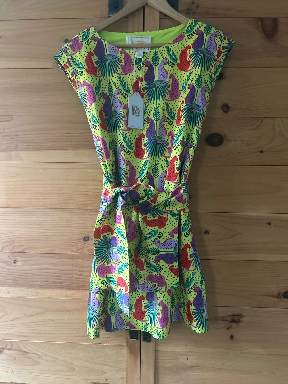 Emily McCarthy Jaguar Print Belted Mini-Dress NWT Green Neon Size S
